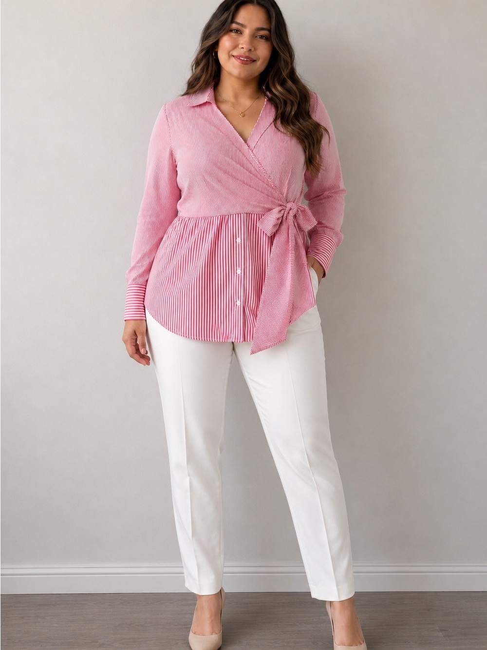 NY Collection Women Pink and White Striped Wrap Maxi Blouse with Chic Lace